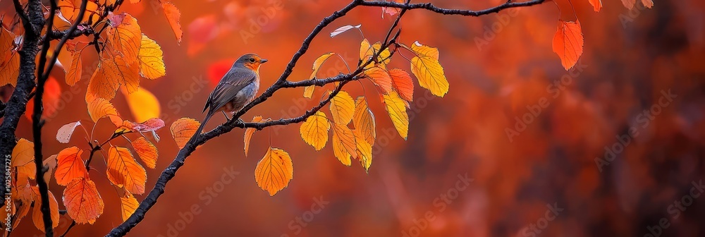 A bird atop a tree branch, adjacent to an orange-yellow leafed tree A bird atop a tree branch, adjacent to an orange-yellow leafed tree