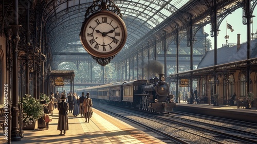 A tranquil Victorian train station with a large clock hanging above