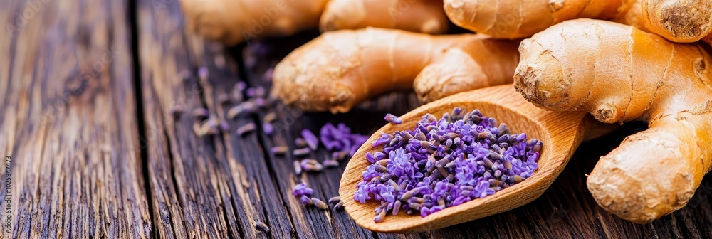 A wooden spoon holding purple flowers sits beside a mound of ginger roots on a wooden table A wooden spoon holding purple flowers sits beside a mound of ginger roots on a wooden table