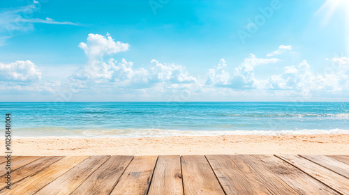 Empty wood table top with beach and blue sky background.