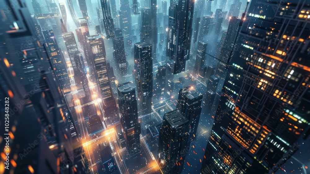 Futuristic Cityscape with Glowing Lights and Illuminated Buildings Futuristic Cityscape with Glowing Lights and Illuminated Buildings