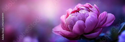  A tight shot of a pink bloom, adorned with water beads on its petals Surrounding scenery of blue, pink, and purple blossoms subt photo