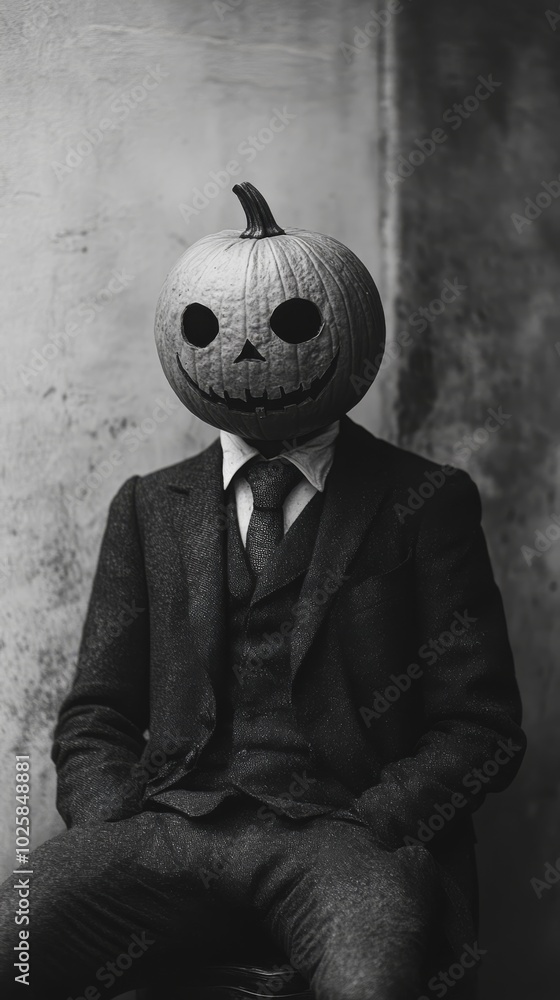 1940s style black & white photo of a man with a pumpkin head in a suit