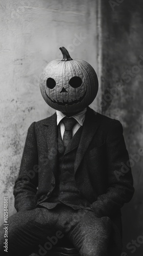 Obraz na płótnie 1940s style black & white photo of a man with a pumpkin head in a suit w salonie