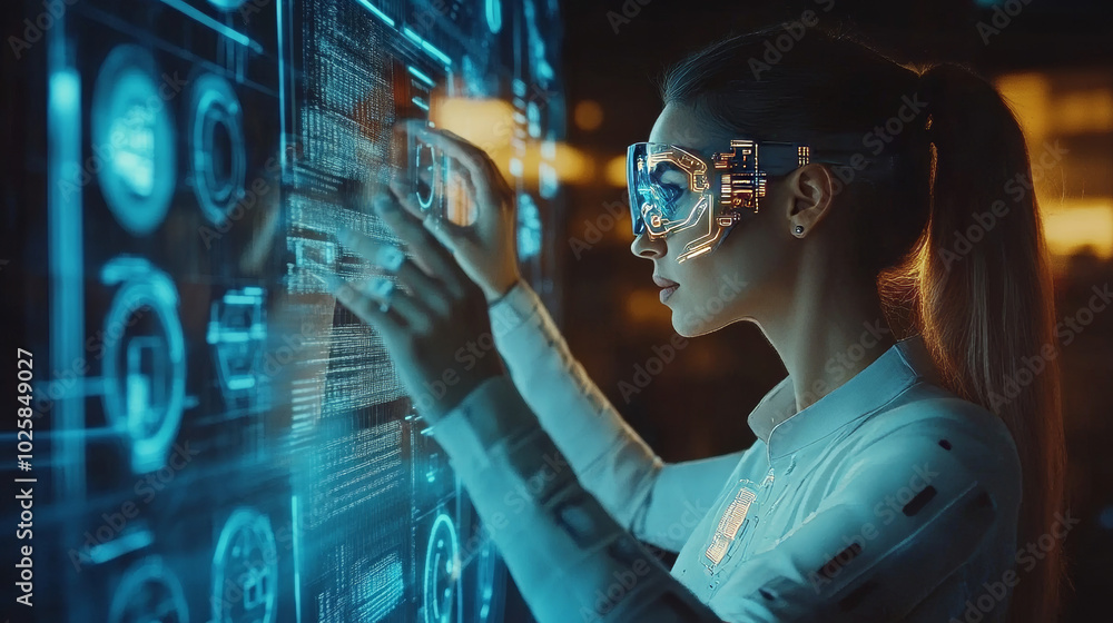 A robot, maybe a cyborg or android woman, is working. She's touching a screen showing virtual graphics. Artificial intelligence is analyzing information on the display, showing futuristic technology. A robot, maybe a cyborg or android woman, is working. She's touching a screen showing virtual graphics. Artificial intelligence is analyzing information on the display, showing futuristic technology.