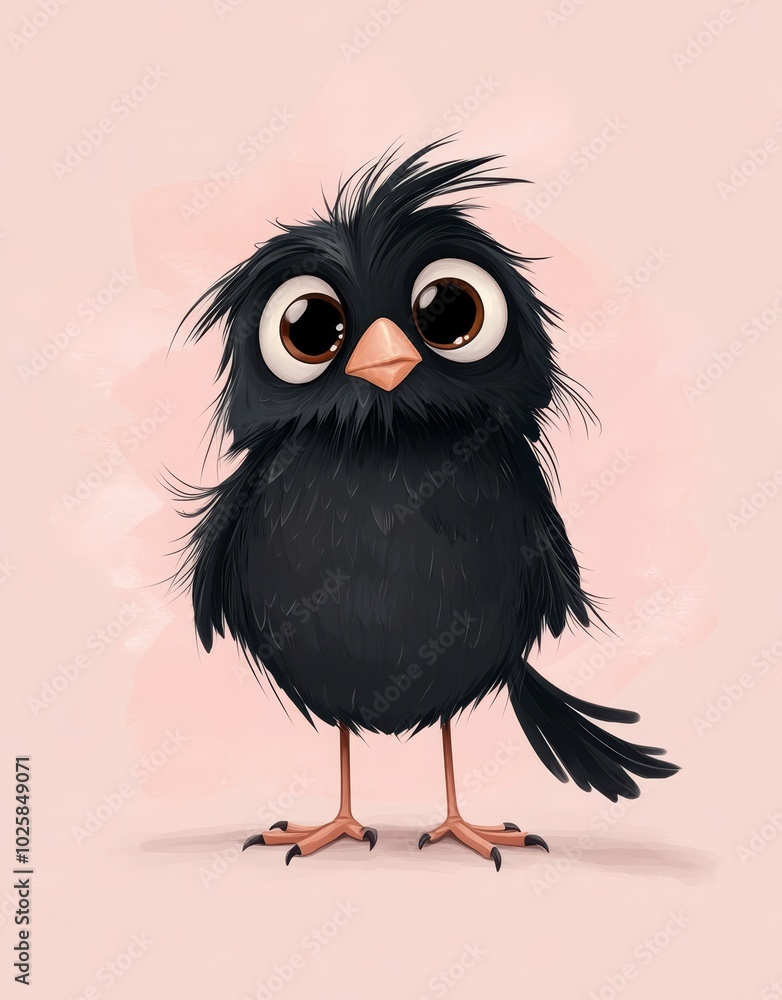 Fototapeta premium A black bird with large eyes on a pink backdrop, featuring a pink dot in its center
