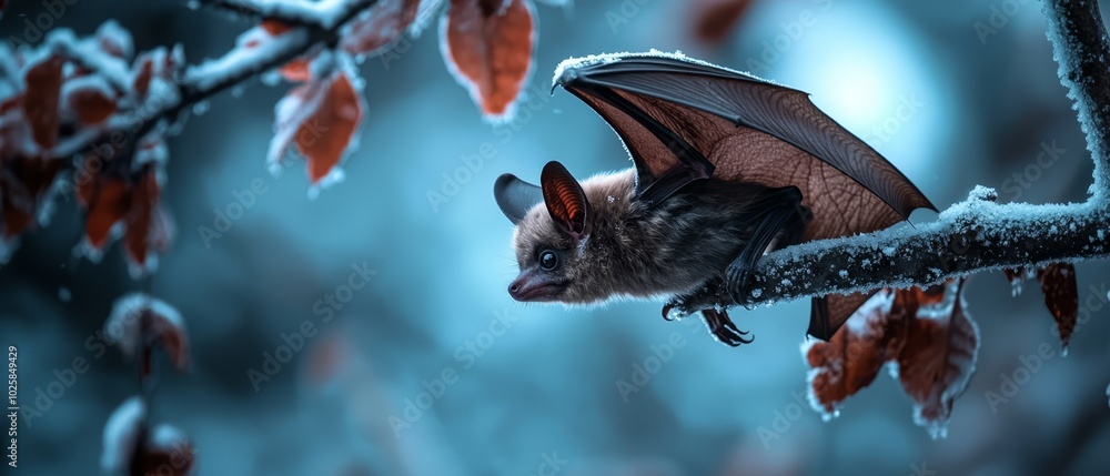 A bat perched upside down on a snow-laden tree branch, leaves still clinging to the bare limbs