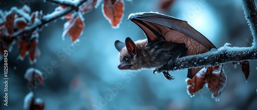 Obraz na płótnie A bat perched upside down on a snow-laden tree branch, leaves still clinging to the bare limbs w salonie