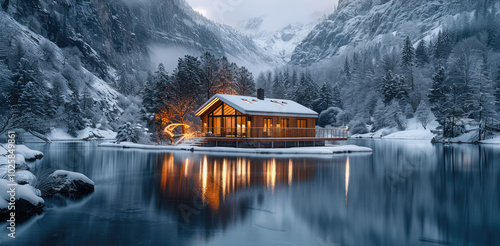 A beautiful modern cabin made of wood and glass, in the middle of snow-covered mountains with trees, on an ice-covered lake surrounded by a pine forest, at night. photo