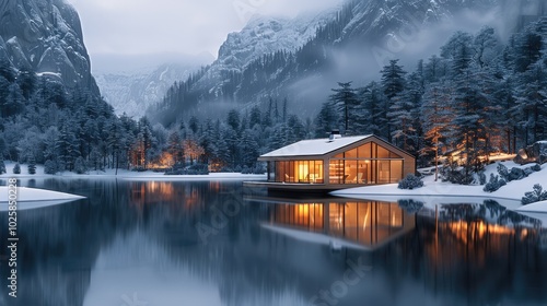 Fototapeta Naklejka Na Ścianę i Meble -  A beautiful modern cabin made of wood and glass, in the middle of snow-covered mountains with trees, on an ice-covered lake surrounded by a pine forest, at night.