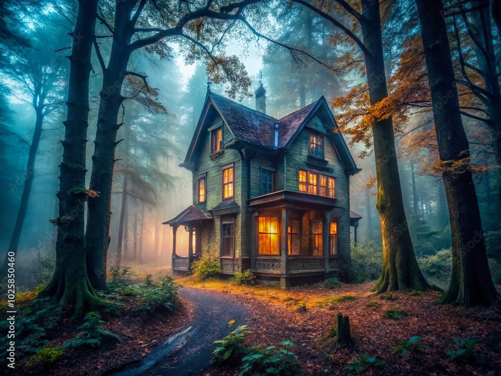 Mysterious Abandoned Horror House Surrounded by Misty Forest - Eerie Atmosphere and Haunting Beauty Captured in Nature Mysterious Abandoned Horror House Surrounded by Misty Forest - Eerie Atmosphere and Haunting Beauty Captured in Nature