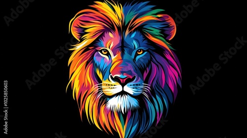 A colorful and stylized illustration of a lion's head with a black background.