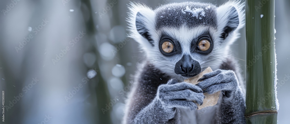 A lemur in close-up, focused on consuming food atop a snow-covered bamboo pole A lemur in close-up, focused on consuming food atop a snow-covered bamboo pole