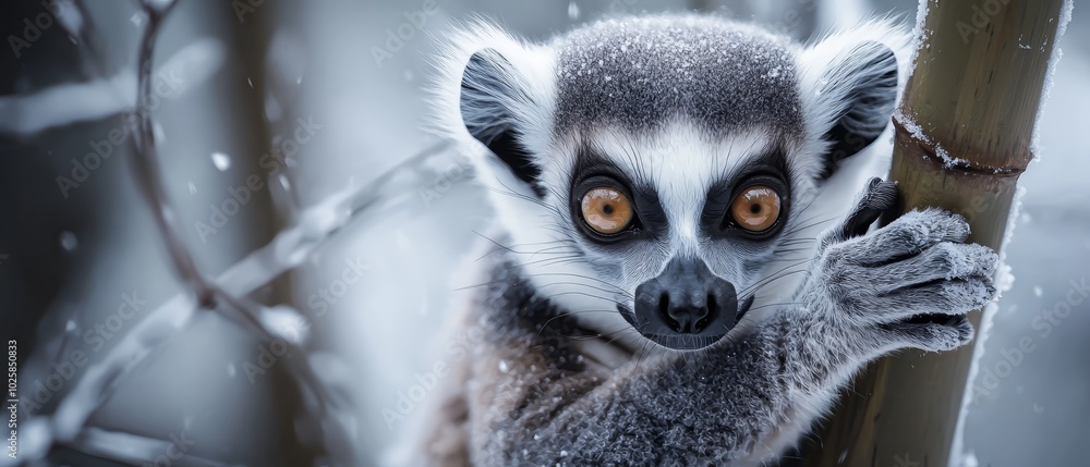 Fototapeta premium A tight shot of a Lemur perched on a snow-laden tree branch against a softly blurred backdrop