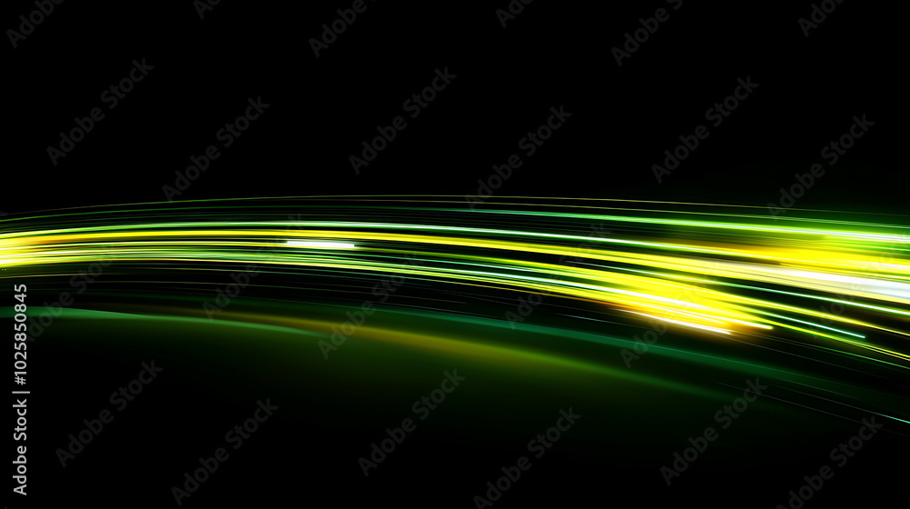 A vibrant abstract image featuring swirling light trails of green and yellow against a dark backdrop