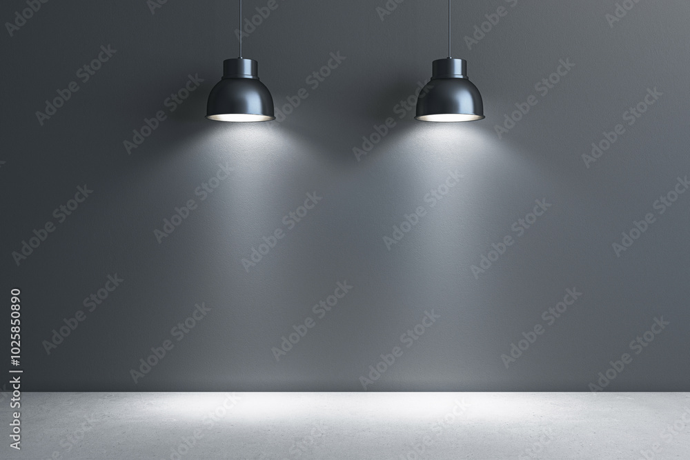 Modern interior space with pendant lamps illuminating a blank wall. 3D Rendering Modern interior space with pendant lamps illuminating a blank wall. 3D Rendering