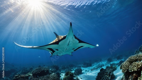 High-quality photo of a graceful mantarraya (stingray) in the deep ocean, gliding through sunbeams above a coral reef. Perfect for ocean wildlife, aquatic, and nature photography enthusiasts