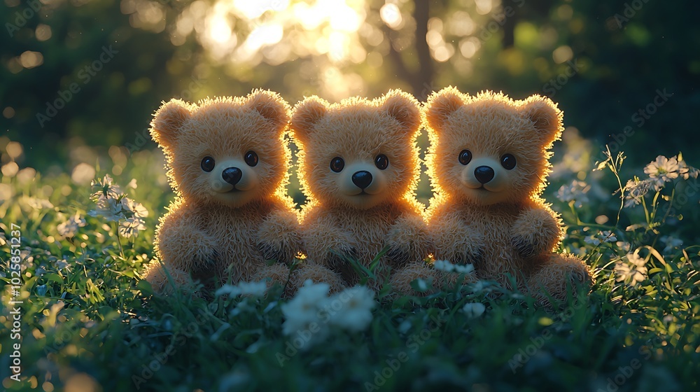 Three teddy bears sit together in a field of wildflowers. Three teddy bears sit together in a field of wildflowers.