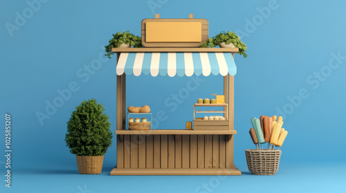 A blue background shows a booth with a sign on top. It's meant for two sellers at a market or shop. This 3D image includes a special tool to cut out the booth for easy use.