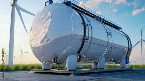 White Industrial Hydrogen Tank in a Green Field with Wind Turbines and a Blue Sky
