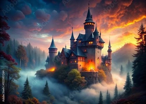 Mysterious Creepy Castle Surrounded by Foggy Forest at Dusk, Perfect for Halloween and Spooky Atmosphere Photography