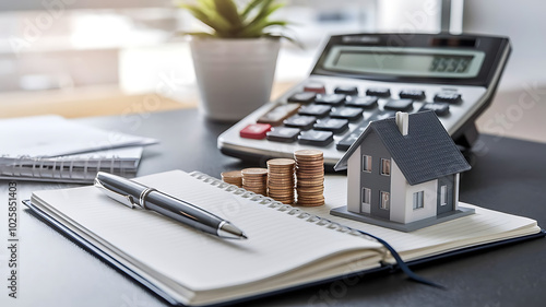 tax day background,House model, house placed on a white surface, next to a calculator, a pencil, and some coins, symbolizing home finances, budgeting, or real estate planning. 