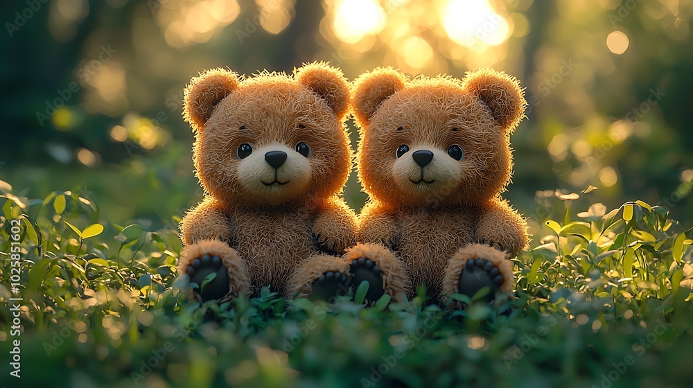 Two teddy bears sit together on a bed of green grass with a blurry background of green trees and sunlight shining through the leaves. Two teddy bears sit together on a bed of green grass with a blurry background of green trees and sunlight shining through the leaves.