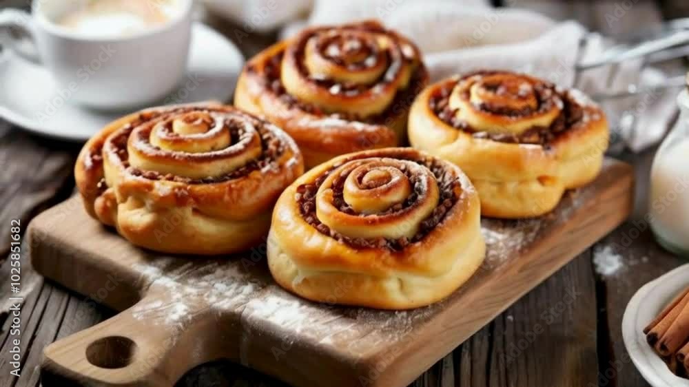 Freshly Baked Cinnamon Rolls with Icing Sugar on a Wooden Board Freshly Baked Cinnamon Rolls with Icing Sugar on a Wooden Board