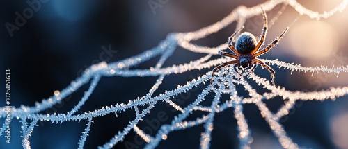  A spider atop damp dew-covered web..Or:..A spider seated on a web bedecked with dewdrops photo