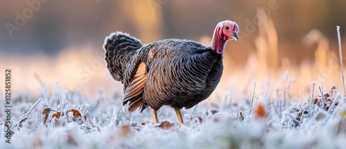  A tight shot of a bird perched in a frosty grassfield Frost covers the ground, and the foreground grass is crisp and white photo