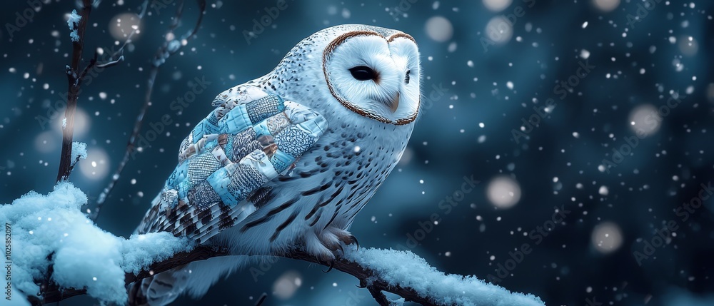 An owl perches on a snow-laden branch, amidst a winter night Snowflakes dust the bare branches above, while the ground is blanketed with them An owl perches on a snow-laden branch, amidst a winter night Snowflakes dust the bare branches above, while the ground is blanketed with them