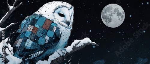  An owl perches on a tree branch, clad in a patchwork sweater, before the expanse of a full moon photo