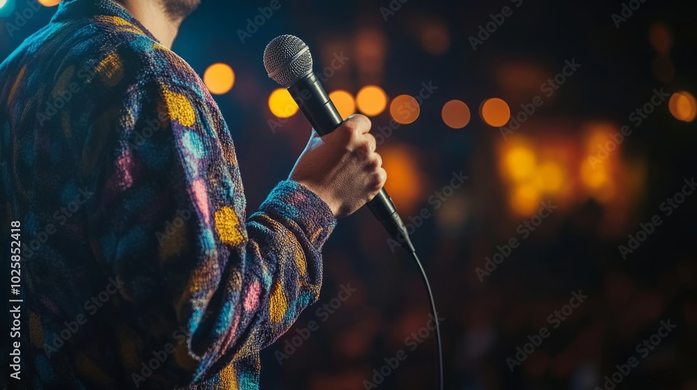 A hand holding a microphone for a stand-up comedy performance or interview, with a close-up view on stage against a dark curtain background.