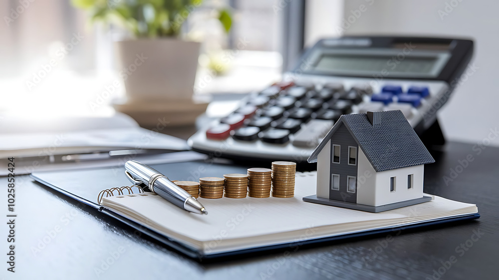 tax day background,House model, house placed on a white surface, next to a calculator, a pencil, and some coins, symbolizing home finances, budgeting, or real estate planning. tax day background,House model, house placed on a white surface, next to a calculator, a pencil, and some coins, symbolizing home finances, budgeting, or real estate planning.