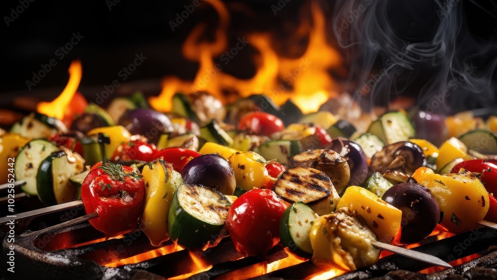 Colorful vegetable skewers sizzling on a grill with flames and smoke. Colorful vegetable skewers sizzling on a grill with flames and smoke.