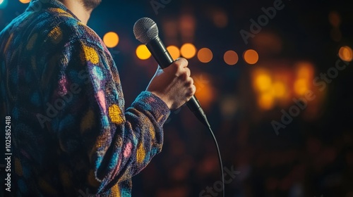 Obraz na płótnie A hand holding a microphone for a stand-up comedy performance or interview, with a close-up view on stage against a dark curtain background. w salonie