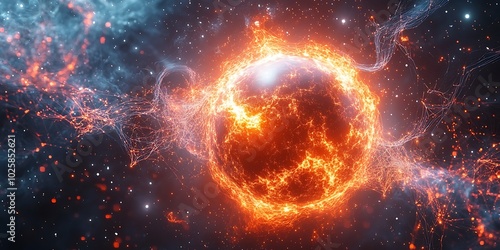 Abstract cosmic scene featuring a fiery celestial body.