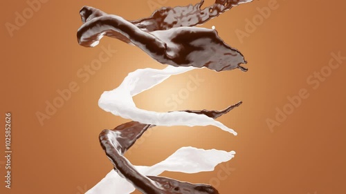 4K Milk and Chocolate flowing in a circle, 3D animation realistic liquid cream drops splash