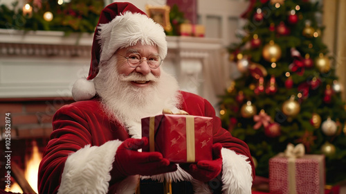 Jolly santa claus holding gift by fireplace with decorated christmas tree celebrating st nicholas day