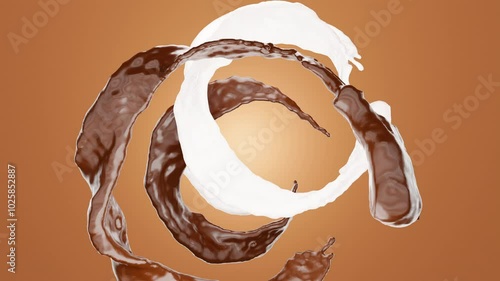 Milk and chocolate flowing Front view in a circle. Realistic falling drops and splash