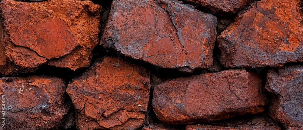 A stack of red rocks atop a stack of brown rocks A stack of red rocks atop a stack of brown rocks