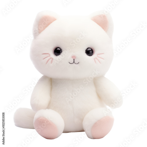 Soft plush white cat toy sitting upright with a friendly expression and rounded features