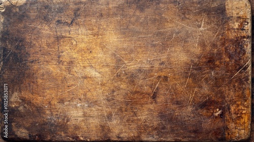 Weathered wooden kitchen desk, aged butcher block surface, rustic charm, detailed texture, ideal for culinary themes, home cooking, vintage decor inspiration