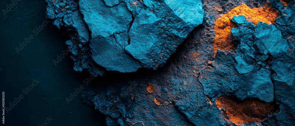 A tight shot of blue and yellow paint on a black background, with a yellow dot centrally positioned A tight shot of blue and yellow paint on a black background, with a yellow dot centrally positioned