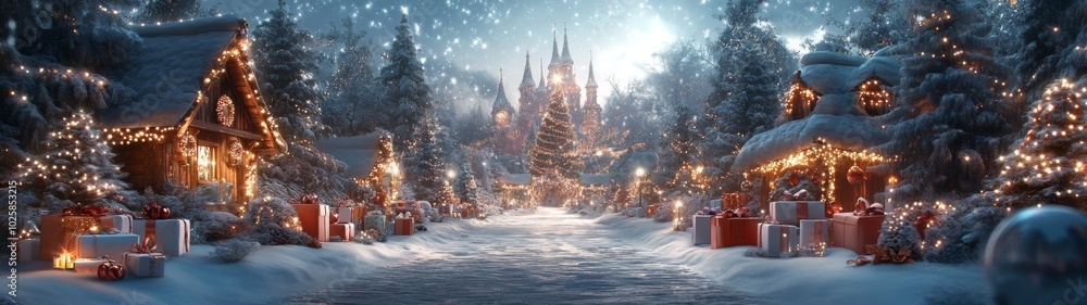 A magical christmas wonderland with lots of wrapped christmas gifts lining a snow-covered path, leading to a shimmering crystal castle. whimsical ornaments float gently above the ground.
