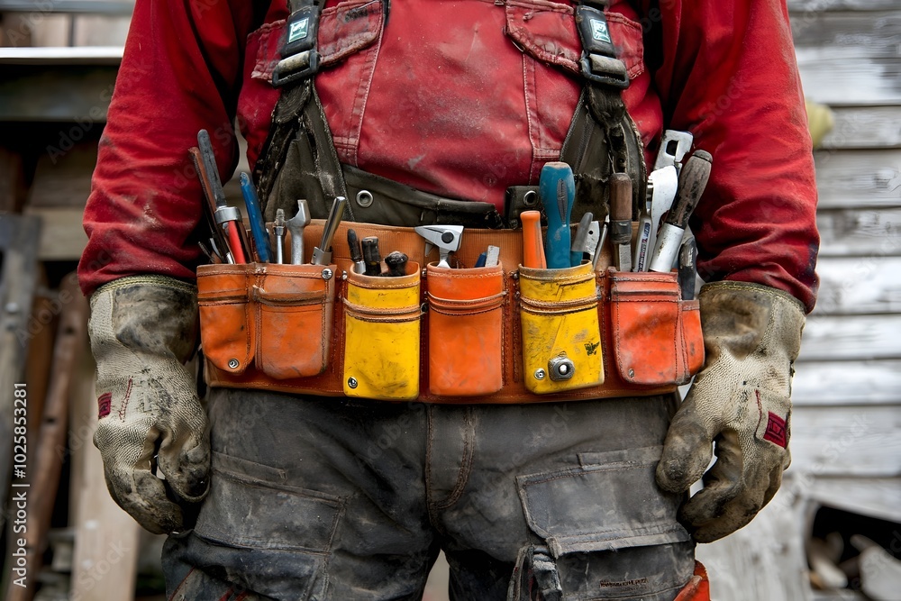 Experienced Carpenter Holding Woodworking Tools in Safety Gear at the Workbench Experienced Carpenter Holding Woodworking Tools in Safety Gear at the Workbench
