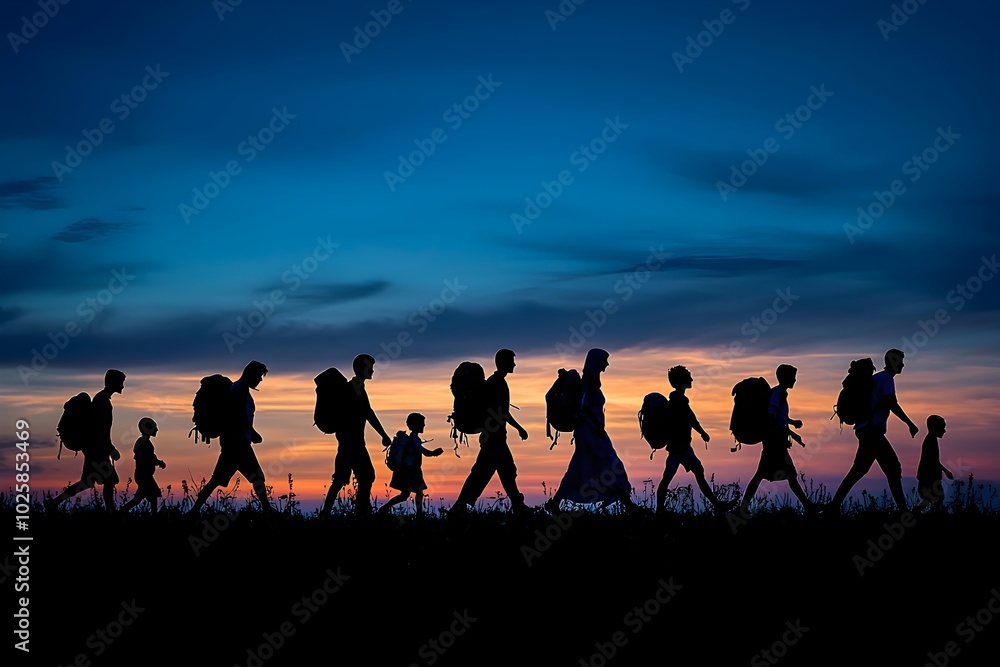 Families Crossing Border Silhouetted Against Vibrant Sunset Sky Families Crossing Border Silhouetted Against Vibrant Sunset Sky