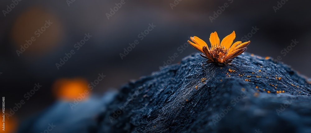 A tiny orange bloom atop a blue stone against hazy foreground A tiny orange bloom atop a blue stone against hazy foreground