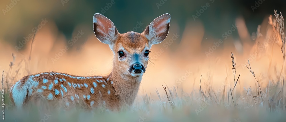 A deceasely close-up of a deer amidst a field of towering grass, bathed in the sun's radiant light on its visage A deceasely close-up of a deer amidst a field of towering grass, bathed in the sun's radiant light on its visage