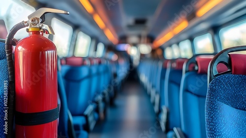 Fire Extinguisher in Public Bus Interior with Blurred Passenger Seats